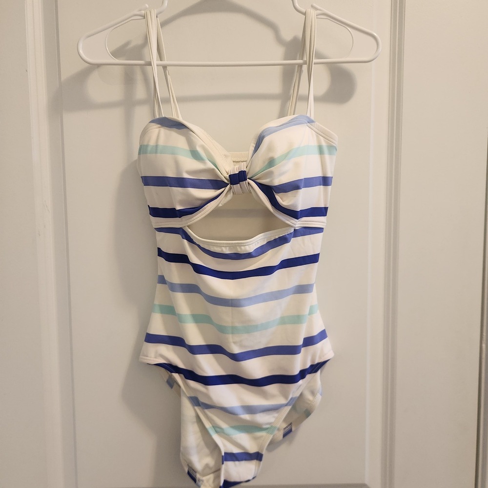 Kate Spade New York Dive Right In Blue Striped Cutout One Piece Swimsuit Medium